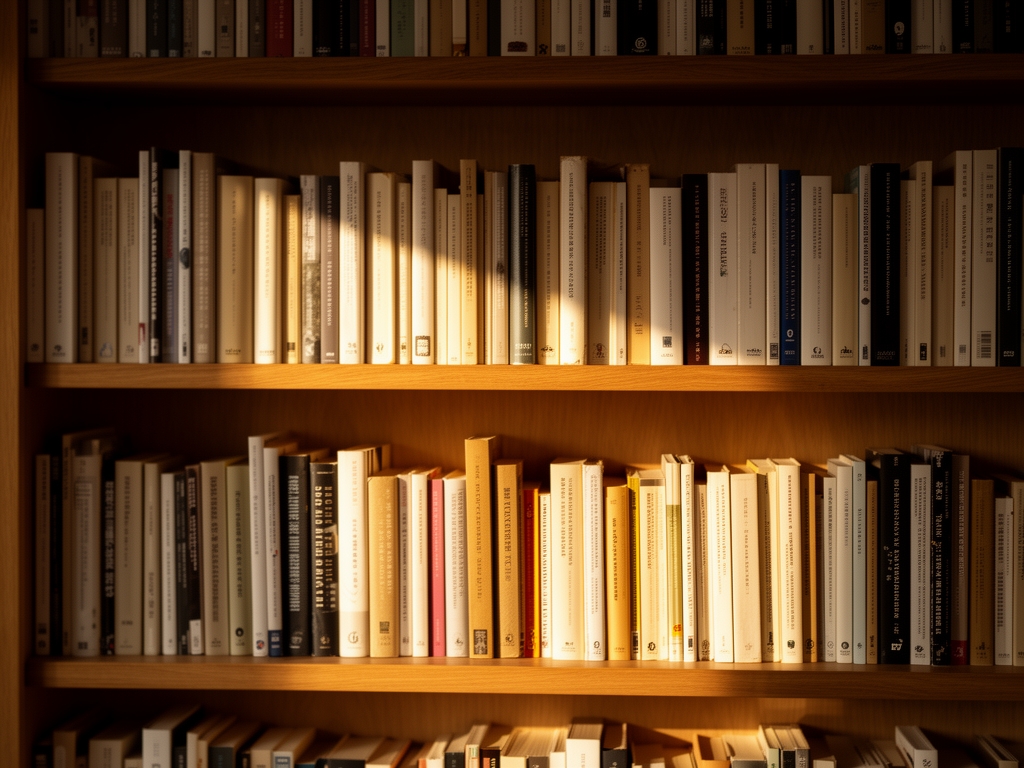 Välordnad boksamling på trähyllor med varmt, sidlänt naturligt ljus som framhäver bokryggar och papperstexturer i en lugn studiemiljö