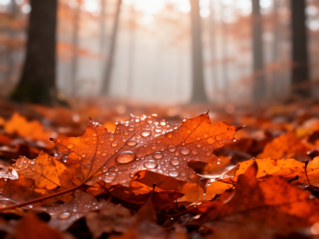 Grenar med höstlöv och daggdroppar i tidigt morgonljus, mjuk fokus på en skog med dimmiga bakgrunder och varma orangefärgade toner
